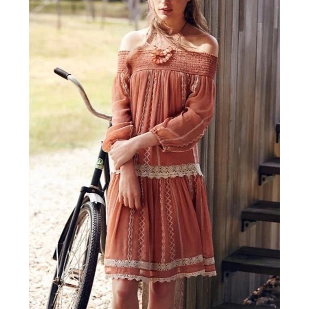 Anthropologie Sz S Floreat Pink Orchard lace dress Cottagecore Boho Coquette